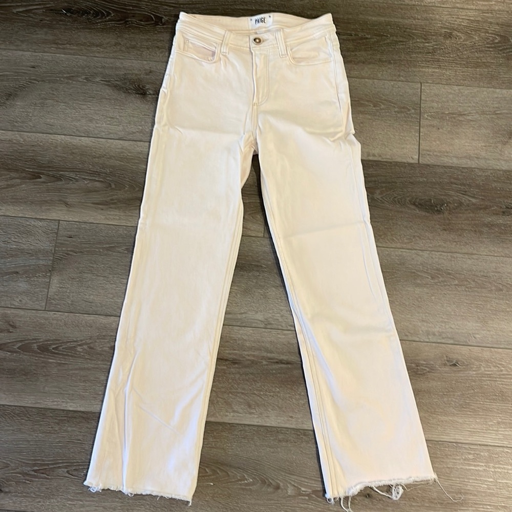 Paige Atley Ankle Flare Raw Hem Light Pink Jeans Denim Size 25